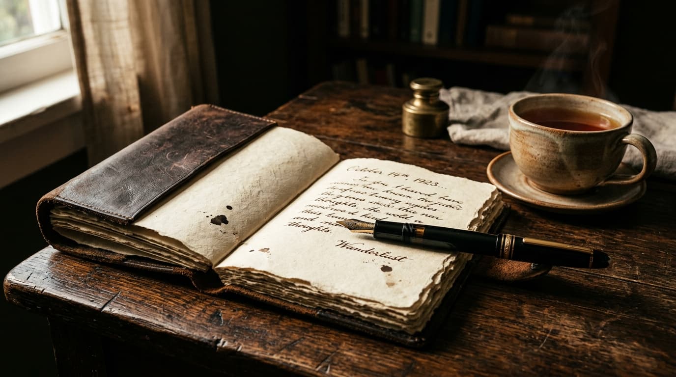 Vintage journal, fountain pen, and warm tea